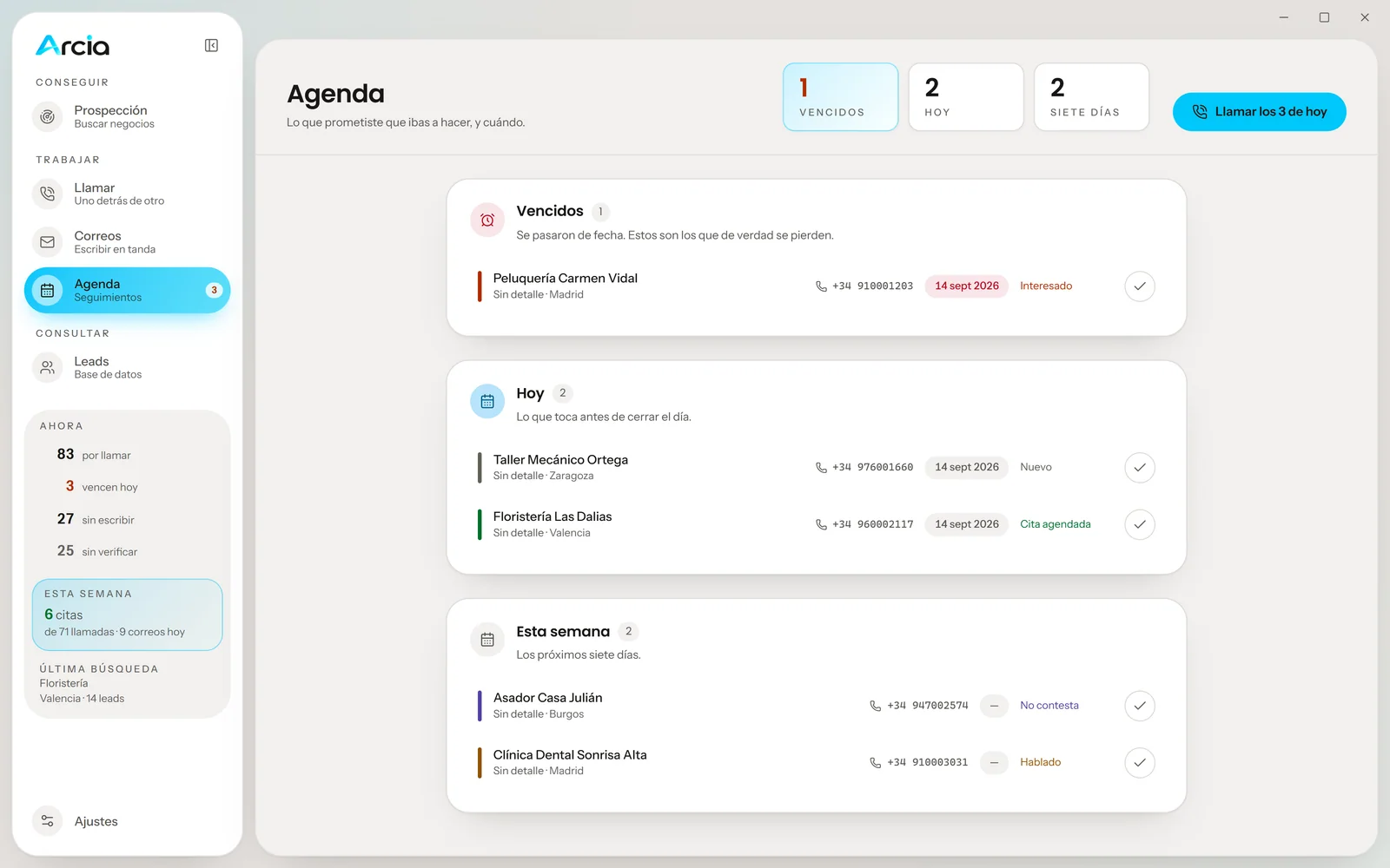 Agenda con los seguimientos vencidos, los de hoy y los de esta semana