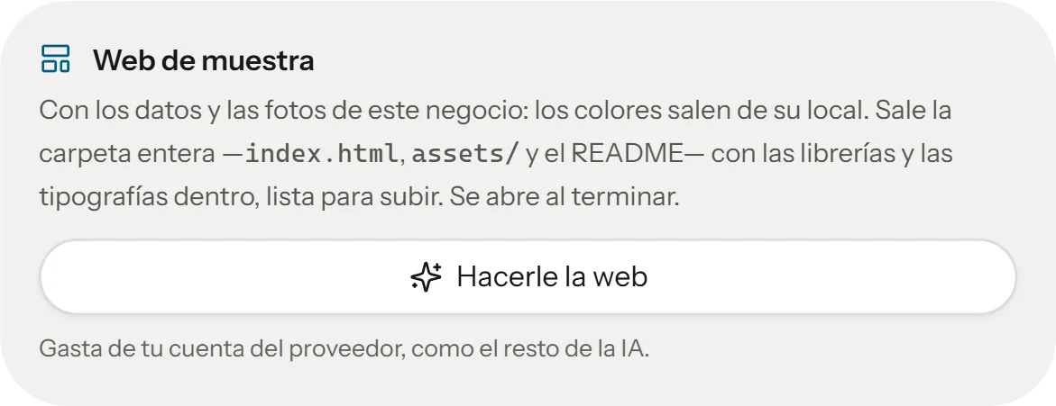 El bloque Web de muestra de la ficha de un negocio, con el botón Hacerle la web